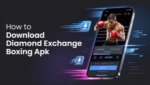 **Alt Text (SEO Optimized):** Diamond Exchange Boxing APK download banner showing smartphone with boxing app, download icon, and fast secure mobile access theme