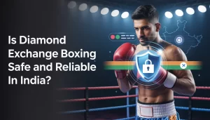**Alt Text (SEO Optimized):** Diamond Exchange Boxing safety banner showing boxer with secure shield icon, digital interface, and trusted online boxing platform theme in India