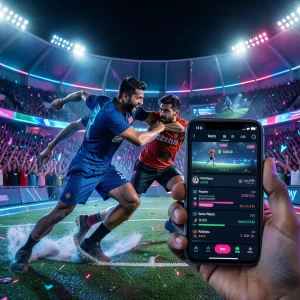 User playing online kabaddi game on mobile with futuristic UI, live match score and neon stadium background on Diamond Exchange