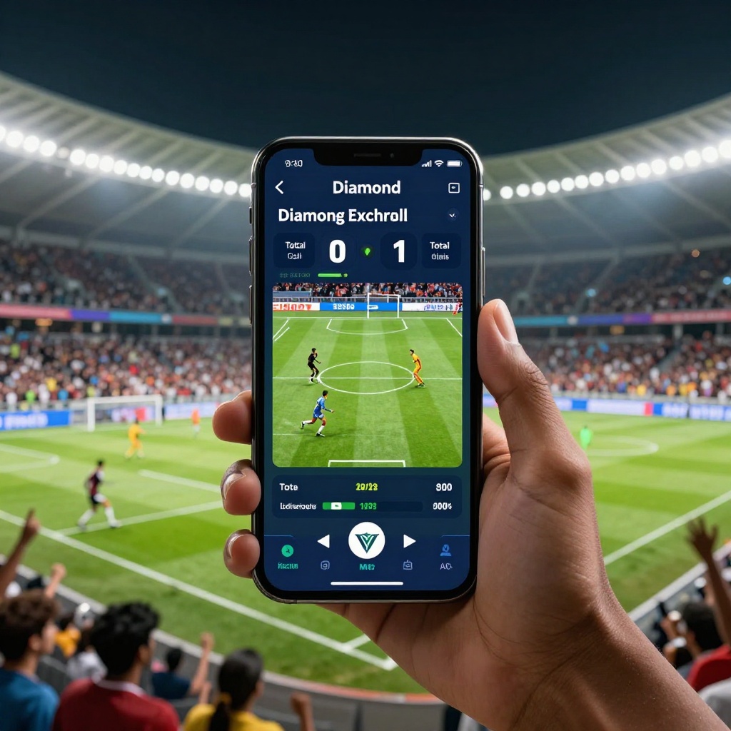 User watching live football match on mobile with real-time score and stats in a stadium background on Diamond Exch
