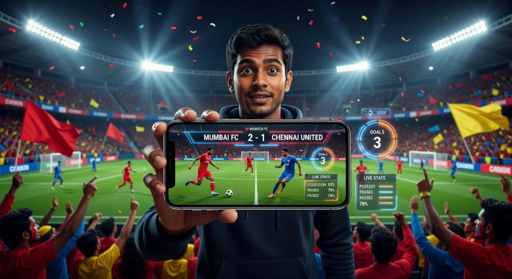 Football fan using mobile device to watch live match with real-time stats and interactive interface on Diamond Exchange