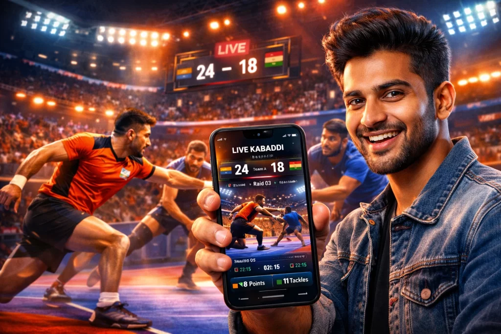 User holding smartphone showing live kabaddi match with real-time score and stats on Diamond Exchange platform