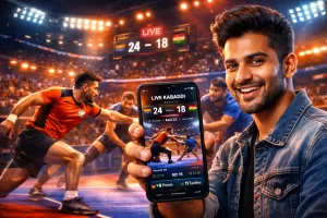User holding smartphone showing live kabaddi match with real-time score and stats on Diamond Exchange platform