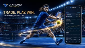 Diamond Exchange tennis hero image featuring a player hitting a glowing ball in a futuristic stadium with a mobile app displaying live match stats and real-time gameplay interface