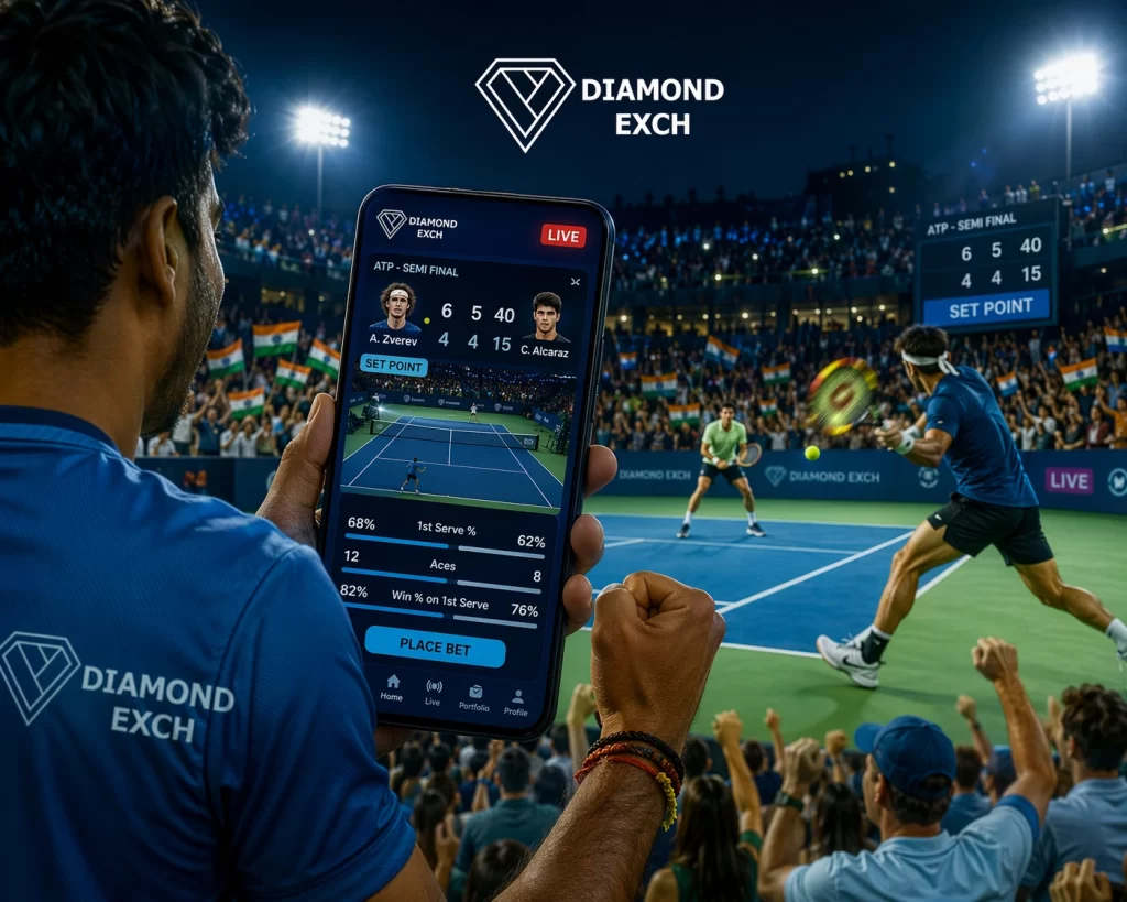 User playing tennis online on DiamondExch with live match stats and real-time score on mobile screen