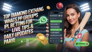 Top Diamond Exchange WhatsApp groups for IPL betting banner with live tips, daily updates, cricket stadium, smartphone chat and WhatsApp join option
