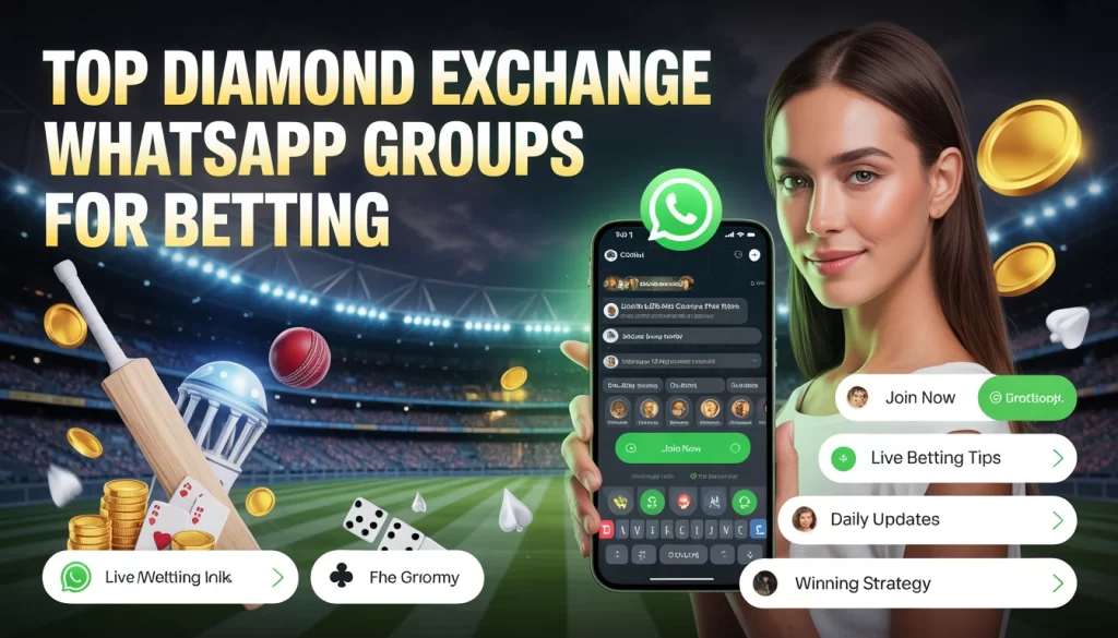 Modern betting banner showing Diamond Exchange WhatsApp groups with live betting tips and daily updates on mobile screen
