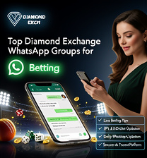 Top Diamond Exchange WhatsApp groups for betting banner with modern design, beautiful woman, live betting tips, cricket updates, and WhatsApp join option