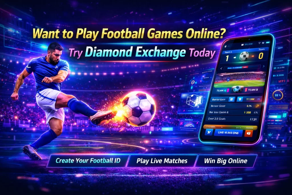 Neon-style Diamond Exchange football banner showing a player kicking a glowing ball in a futuristic stadium with a mobile app displaying live match stats and vibrant digital effects