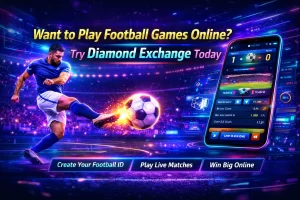 Neon-style Diamond Exchange football banner showing a player kicking a glowing ball in a futuristic stadium with a mobile app displaying live match stats and vibrant digital effects