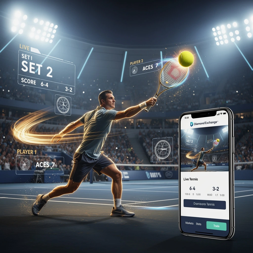 Diamond Exchange tennis hero image showing a player serving a glowing ball in a neon-lit stadium with a mobile app displaying live match stats and real-time gameplay interface