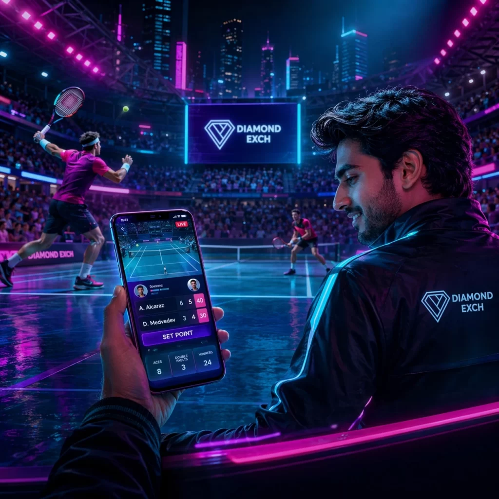 User playing tennis online on mobile with live match stats, glowing interface and modern stadium background on Diamond Exchange