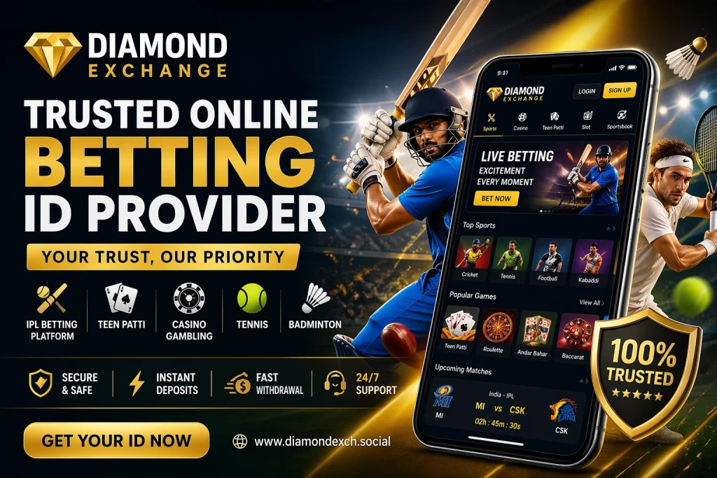 Trusted online betting ID provider Diamond Exchange with live betting platform, IPL, teen patti, tennis and secure fast withdrawal features displayed on mobile app interface
