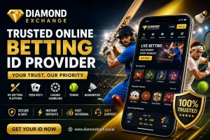 Trusted online betting ID provider Diamond Exchange with live betting platform, IPL, teen patti, tennis and secure fast withdrawal features displayed on mobile app interface