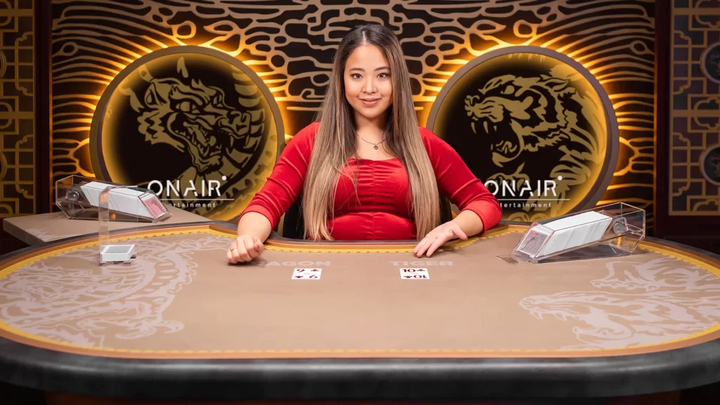 Diamond Exchange Dragon vs Tiger online game image showing a blazing dragon and fierce tiger facing each other with fire effects, representing fast real-time card game action.