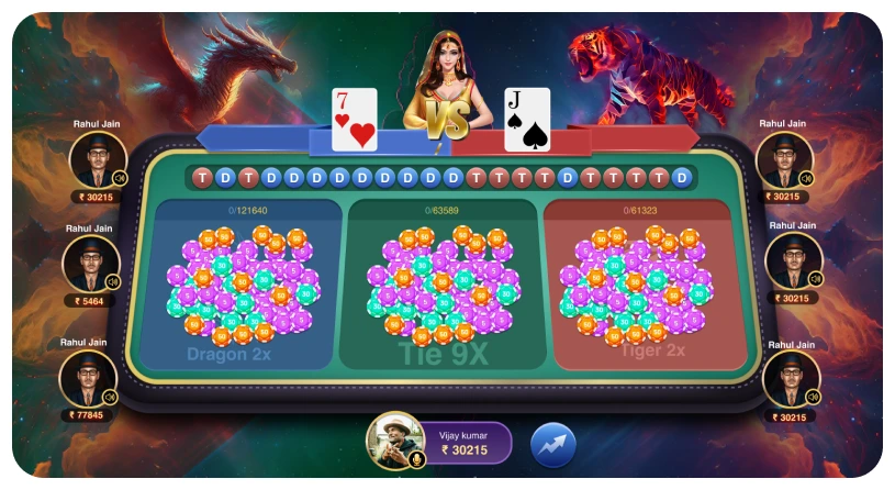 Modern Diamond Exchange Dragon vs Tiger game interface showing a live female dealer, glowing dragon and tiger visuals, playing cards on table, and real-time casino gameplay experience online.